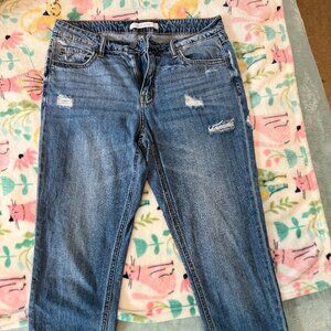 Disclosed distressed hard denim cropped jeans